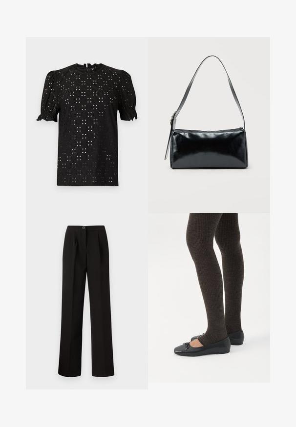 Blouse noire à manches courtes avec un design texturé en œillets, présentant des manches bouffantes et un col rond, fermée par une fente à l'arrière.; Pantalon noir avec une coupe droite, comprenant des plis sur le devant, une fermeture à bouton et un tissu lisse et texturé.; Jambes portant des leggings côtelés foncés associés à des ballerines noires avec de petits détails en nœud sur fond blanc.; Sac d'épaule rectangulaire noir avec une sangle réglable unique et une fermeture éclair supérieure sur un fond uni.