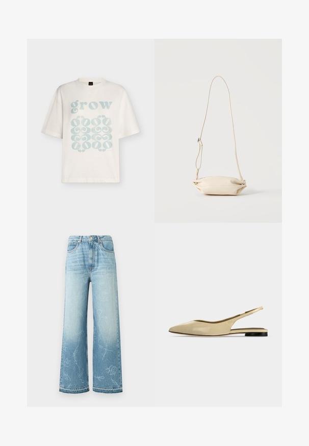 T-shirt blanc à manches courtes avec texte bleu clair « grow » et motifs décoratifs abstraits en bas sur le devant.; Jean en denim bleu clair taille haute à jambes larges, avec un lavage délavé et de subtils motifs de griffonnages blancs sur toute la surface.; Chaussure plate beige à bout pointu avec bride arrière, petit talon noir et finition en cuir lisse, vue de côté sur un fond uni.; Petit sac bandoulière en cuir beige avec sangle ajustable, présenté sur un fond clair uni.