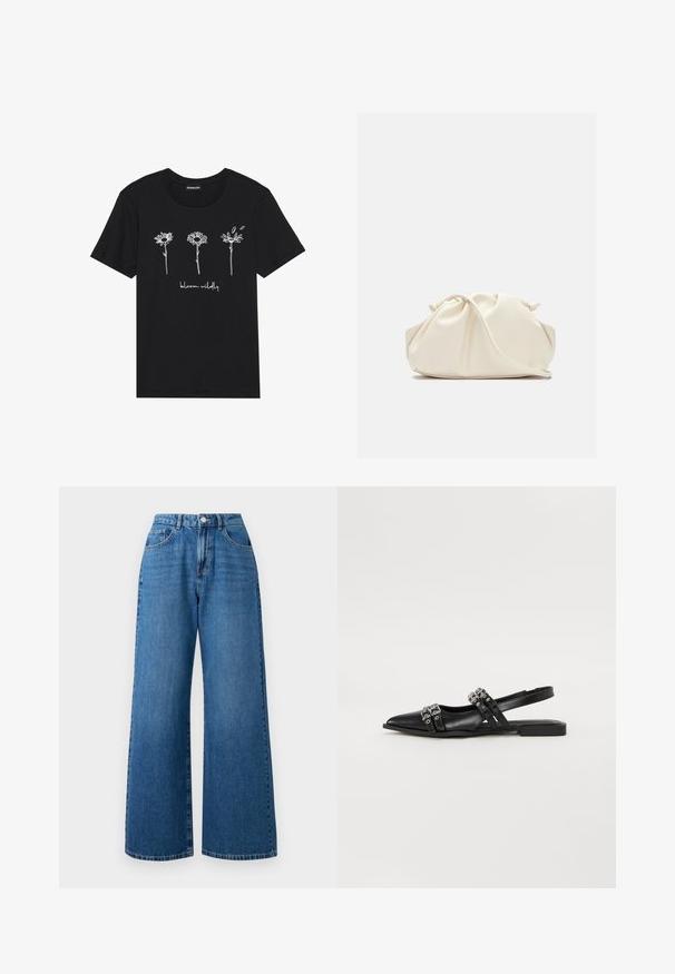 Μαύρο βαμβακερό t-shirt με λευκά σχέδια τριών λουλουδιών και το κείμενο "άνθισε άγρια" από κάτω. Στρογγυλή λαιμόκοψη και κοντά μανίκια.; Πλατιά μπλε τζιν παντελόνια με ψηλή μέση, διαθέτοντας πενταπορτοφόλι σχεδιασμό, μπροστινό κλείσιμο με κουμπί και διακριτική φθορά στο ύφασμα.; Even&Odd by Zalando Μπαλαρίνες με λουράκι στον αστράγαλο - black; Μαλακό, κρεμ δερμάτινο τσαντάκι χειρός με σχεδίαση με gathers και λεπτό λουράκι ώμου, τοποθετημένο μπροστά σε απλό φόντο.