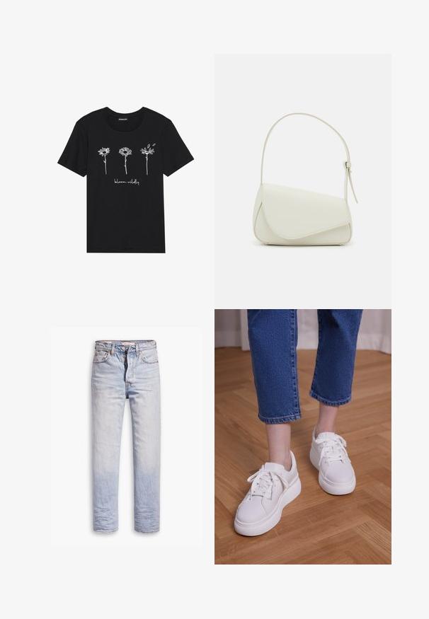 Zwarte katoenen t-shirt met witte lijntekeningen van drie bloemen en de tekst "bloom wildly" eronder. Ronde hals en korte mouwen.; Lichtblauwe denim jeans met een straight leg ontwerp, voorzien van een knoopgulp, vijf zakken en subtiele vervaging langs de benen.; Benen met cropped blauwe jeans en witte vetersneakers met plateauzool, staand op een lichte houten vloer.; Witte nepleren handtas met een gestructureerde driehoekige vorm, een enkele verstelbare schouderriem en een klep met ronde accenten.