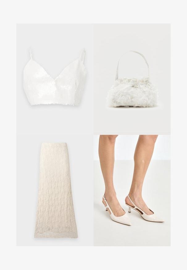Top court blanc avec bretelles fines ajustables, couvert de sequins brillants sur un fond uni.; Longue jupe en dentelle crème avec motif floral texturé et silhouette droite.; Escarpins à talon slingback en cuir verni beige avec un bout pointu et un talon de 5 cm, présentant des côtés découpés et une fine bride à la cheville.; Petit sac à main blanc orné de roses en tissu recouvrant le corps et d'une fine anse unique, sur un fond uni.