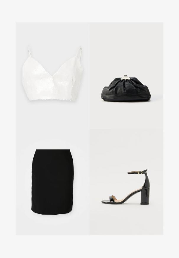 Top court blanc avec bretelles fines ajustables, couvert de sequins brillants sur un fond uni.; Jupe crayon noire avec une texture lisse, de forme droite, et un ourlet à hauteur des genoux. Aucun motif ni détail matériel visible.; Sandale à talon haut en cuir verni noir avec bride à la cheville et boucle dorée, bout ouvert et talon bloc sur fond blanc.; Pochette en cuir noir avec une texture plissée, fermeture à fermoir métallique, et logo embossé discret sur le devant. Forme arrondie.