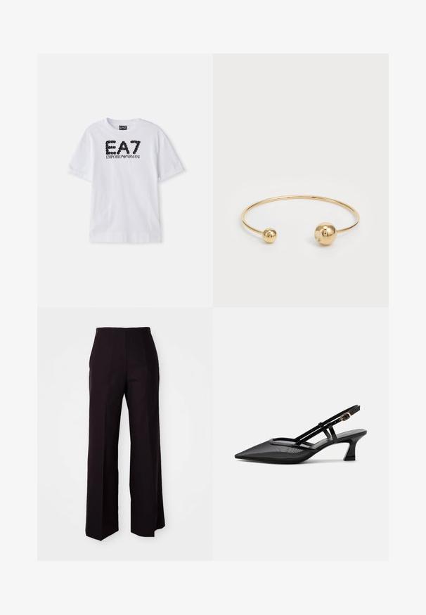 Witte katoenen t-shirt met een zwarte paillettengegraveerde logo "EA7 EMPORIO ARMANI" op de voorkant, korte mouwen en een ronde hals.; Zwarte wijde broek met hoge taille, voorzien van een gladde textuur en subtiele voormouwen, ontworpen voor een gestructureerde pasvorm.; Zwarte slingbackschoen met puntige neus, mesh bovenwerk, dunne bandjes, gouden gesp en lage gebogen hak op witte achtergrond.; Gouden metalen armband met cuff-vorm, voorzien van twee bolvormige accenten aan beide uiteinden, een gladde textuur, een minimalistisch ontwerp en een open vorm.