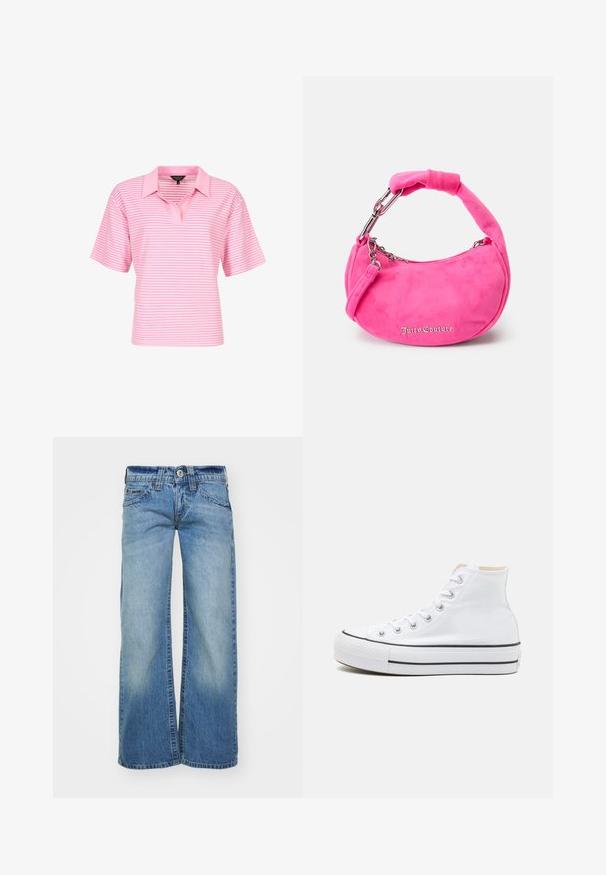 Rosa gestreiftes Poloshirt mit kurzen Ärmeln, ausgestattet mit einem Kragen und einer lockeren Passform. Das Material wirkt glatt mit einem dezenten Glanz.; Hellblaue weit geschnittene Jeans aus Denim-Stoff mit einer ausgewaschenen Optik, fünf Taschen und einem Knopfverschluss mit Gürtelschlaufen.; Weiße High-Top-Sneaker aus einem Material aus Segeltuch, mit schwarzer Gummisohle und kontrastierendem schwarzen Streifen auf der Zwischensohle. Runde Zehenkappe und Schnürdesign.; Rosa Wildleder-Handtasche mit geschwungener Form, kurzem gepolstertem Griff, silbernen Beschlägen und dem "Juicy Couture"-Logo in Schreibschrift auf der Vorderseite.