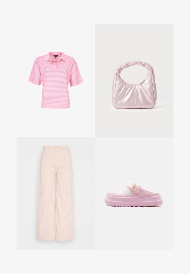 Camisa polo de rayas rosas con mangas cortas, que presenta un cuello con solapa y un corte relajado. El material parece suave y con un sutil brillo.; Weekday SIENNA TROUSER - Pantalones cargo - pink dusty light; Zueco rosa tipo slip-on con suela gruesa y correa blanca ajustable en la parte superior, fabricado con materiales de goma y tela.; Bolso de mano acolchado en color rosa con un diseño redondeado, fabricado en material brillante. Presenta un asa fruncida y un cierre de cremallera para un acceso seguro.