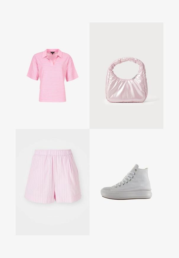 Rosa gestreiftes Poloshirt mit kurzen Ärmeln, ausgestattet mit einem Kragen und einer lockeren Passform. Das Material wirkt glatt mit einem dezenten Glanz.; Hellrosa Shorts mit weißen vertikalen Streifen, verfügen über einen elastischen Bund und einen lockeren Schnitt, hergestellt aus weichem, leichtem Stoff.; Weißer High-Top-Canvas-Sneaker mit weißen Schnürsenkeln, metallischen Ösen, dicker Gummisohle und strukturierter Zehenkappe, nach links auf weißem Hintergrund ausgerichtet.; Rosa, gepolsterte Handtasche mit abgerundeter Form, aus glänzendem Material gefertigt. Verfügt über einen gerafften Griff und einen Reißverschluss für sicheren Zugang.