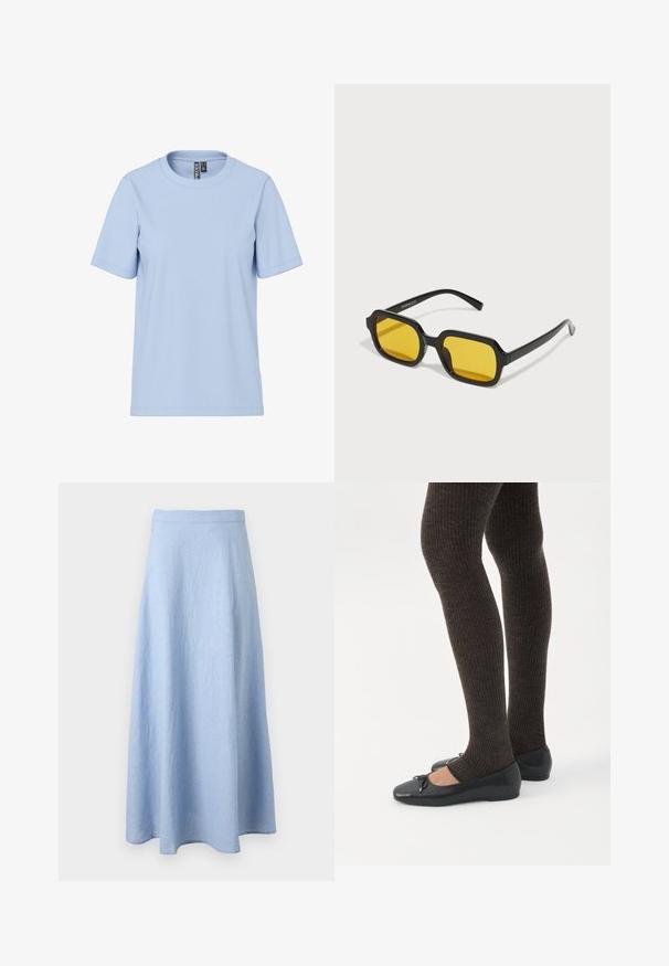 Lyseblå t-shirt med korte ærmer lavet af blødt stof, med en klassisk rund halsudskæring og uden synlige mønstre eller detaljer.; Lyseblå, ankellang A-line nederdel med figursyet talje, lavet af blødt, tekstureret stof, vist på hvid baggrund.; Ben iført mørke ribbede leggings kombineret med sorte balletsko med små sløjfedetaljer på hvid baggrund.; Sorte rektangulære solbriller med gule linser. Funktioner inkluderer tykke stel og kantet design med en glat, blank finish.