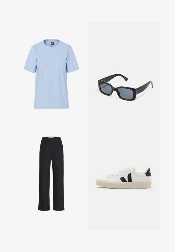 Camiseta de manga corta de color azul claro hecha de tela suave, con un cuello redondo clásico y sin patrones ni elementos visibles.; Pantalones anchos negros con cintura elástica, hechos de una tela suave, con una textura lisa y un ajuste holgado a lo largo de las piernas.; Zapatilla de cuero blanca con logo V de goma negra. Suela texturizada en blanco roto, cordones blancos y detalle en el talón trasero con el nombre de la marca en negro.; Gafas de sol rectangulares negras con lentes oscuros, montura de plástico grueso y patillas anchas. Superficie lisa y diseño anguloso.