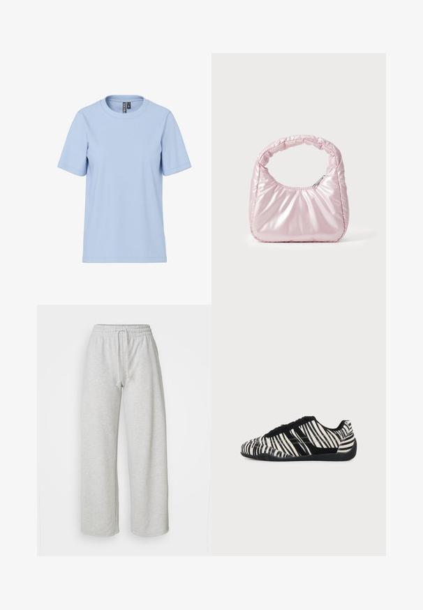 Lichtblauw T-shirt met korte mouwen, gemaakt van zachte stof, met een klassieke ronde halslijn en zonder zichtbare patronen of hardware.; Even&Odd Petite by Zalando Trainingsbroek - mottled light grey; Zwart-witte vetersneaker met zebraprint en een gestructureerde zwarte zool op een egale lichte achtergrond.; Roze, gevoerde handtas met een afgeronde vorm, gemaakt van glanzend materiaal. Beschikt over een geplooide handgreep en een ritssluiting voor veilige toegang.