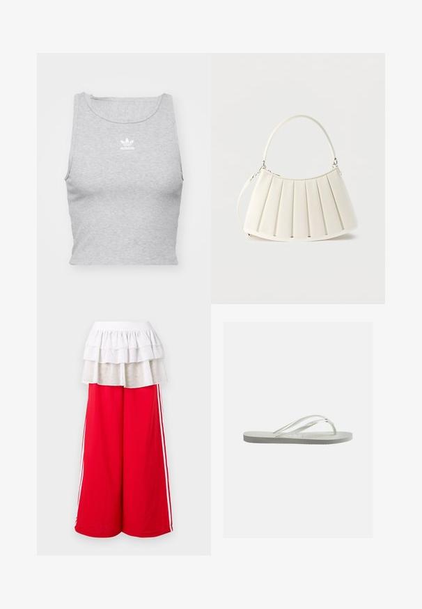 Šedý, bezrukávový crop top vyrobený z jemnej látky, s okrúhlym výstrihom a malým bielym logom Adidas na hrudi.; Červené nohavice s širokými nohavicami a bielymi pruhmi na bokoch, doplnené viacvrstvovým bielym volánovým prekrytím. Pružný pás pre pohodlie. Mäkká textúra látky.; Biela gumová žabka s textúrovanou podrážkou a tenkými Y-tvarovanými pásikmi, zobrazená z boku na jednoduchom svetlom pozadí.; Biela taška cez rameno s plisovaním, so zaobleným horným rúčkou a odnímateľným remienkom, so subtílnym vyrazeným logom na prednej strane.