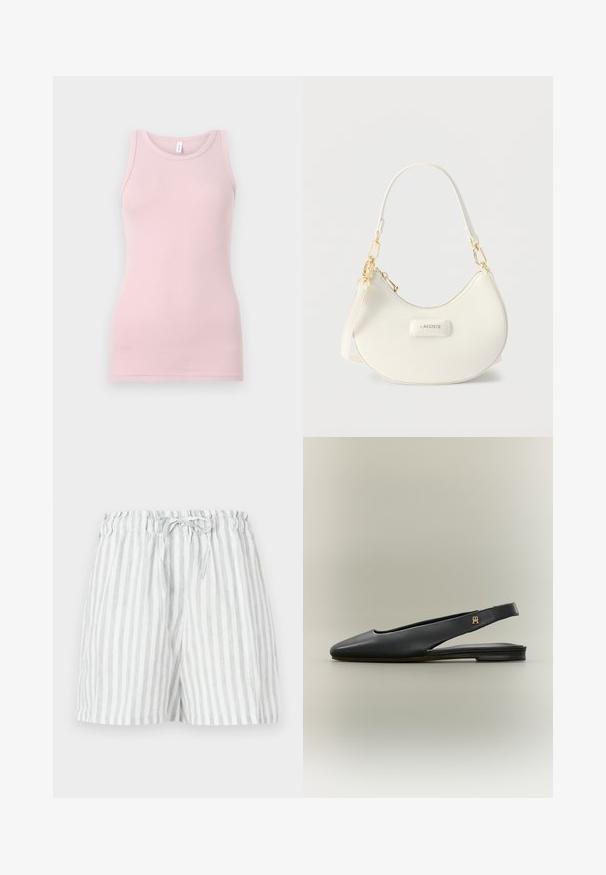 Débardeur rose clair en tissu doux et extensible. Il présente un col rond et des bretelles étroites, avec une texture lisse et une coupe ajustée.; Shorts en lin à rayures verticales légères grises et blanches ; dotés d'une taille élastique avec un cordon de serrage pour un ajustement.; Chaussure plate noire en cuir à bride arrière avec bout pointu et accent logo doré sur la bride, présentée sur un fond neutre.; Sac d'épaule blanc en forme de croissant avec des pièces métalliques dorées, fermeture éclair, et logo "LACOSTE" sur le panneau avant.
