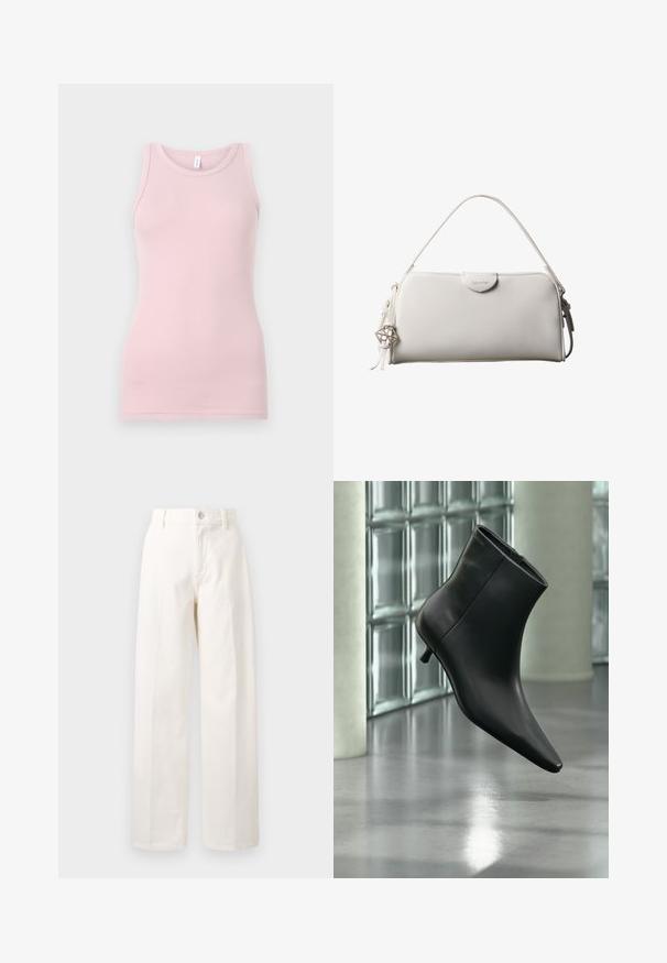 Débardeur rose clair en tissu doux et extensible. Il présente un col rond et des bretelles étroites, avec une texture lisse et une coupe ajustée.; Pantalons larges blancs en coton, dotés d'une fermeture à bouton à l'avant, de passants de ceinture et d'une coupe droite sans motifs visibles.; Bottine en cuir noir à bout pointu et petit talon kitten, présentée en angle devant un sol poli et un mur en blocs de verre.; Sac à main rectangulaire blanc Calvin Klein avec une seule poignée, design minimaliste et pampilles décoratives avec un charm métallique géométrique sur le côté.