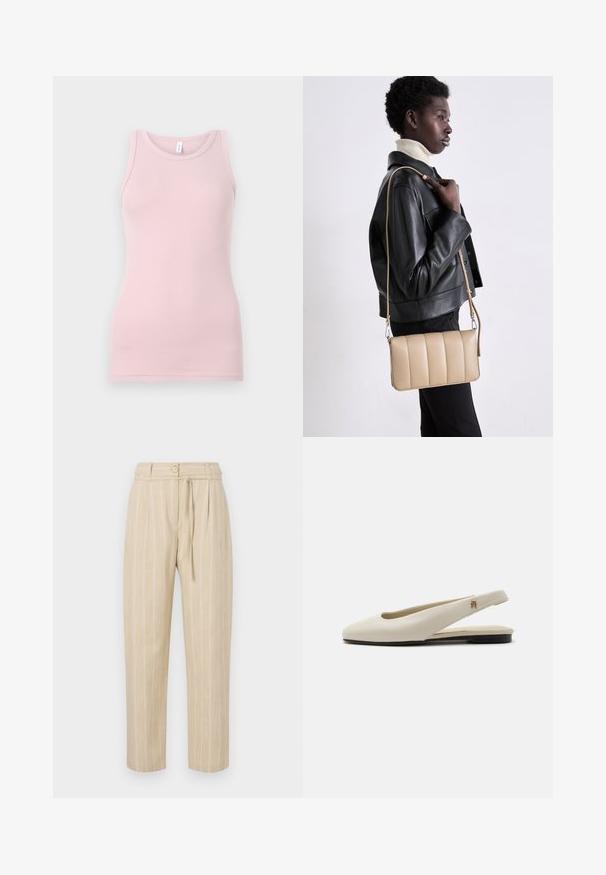 Débardeur rose clair en tissu doux et extensible. Il présente un col rond et des bretelles étroites, avec une texture lisse et une coupe ajustée.; Pantalon beige à rayures avec une coupe décontractée, présentant une taille cintrée, une fermeture à bouton et une ceinture à nouer, fabriqué à partir d'un tissu léger.; Chaussure plate slingback en cuir couleur crème avec un bout arrondi et un petit emblème doré sur la bride.; Sac en cuir beige en bandoulière avec un design matelassé, de forme rectangulaire, avec une fine sangle et des détails en métal argenté, porté par une personne en veste noire.