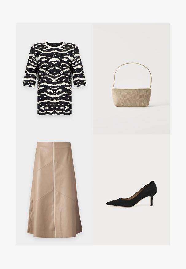 Haut à manches courtes noir et blanc présentant un motif audacieux à rayures de tigre, un col rond et un tissu doux et texturé.; Jupe A-line en simili cuir beige avec des détails de panneaux subtils et une finition mate lisse, longueur genou et taille haute.; Escarpin en daim noir à bout pointu avec un talon stiletto fin de hauteur moyenne et un design à coupe basse sur un fond uni.; Sac à main tissé beige avec fine bandoulière et petit logo doré "BOSS" à l'avant, présenté sur fond blanc uni.