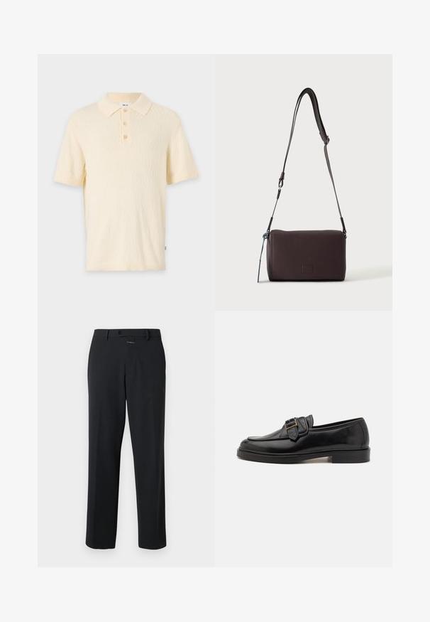 Polo de crema corto con una tela texturizada, un cuello clásico y una tapeta de tres botones. Presenta mangas cortas y puños acanalados.; Pantalones negros de corte recto, fabricados en una tela suave. Presentan un cierre frontal con botón y detalles de costura sutiles. Diseño liso sin patrones.; Mocasines de cuero negro con punta redonda y un acento decorativo de hebilla. Tacón plano y sólido, con una textura suave en todo el zapato.; Bolso bandolera de cuero marrón oscuro con textura, correa ajustable y pequeño adorno decorativo azul en el lateral.
