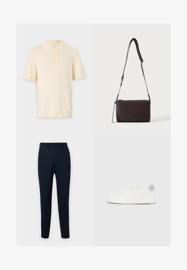 Polo shirt crème court en tissu texturé, avec un col classique et une patte de boutonnage à trois boutons. Comprend des manches courtes et des poignets côtelés.; Pantalon ajusté bleu marine en tissu lisse ; il présente un devant plat, une coupe slim et des poches latérales ; aucun motif ni matériel visible.; Baskets basses blanches avec un onglet de talon gris, des lacets blancs et une semelle texturée, présentées sur un fond uni clair.; Sac bandoulière en cuir marron foncé texturé avec une sangle réglable et un petit accent décoratif bleu sur le côté.