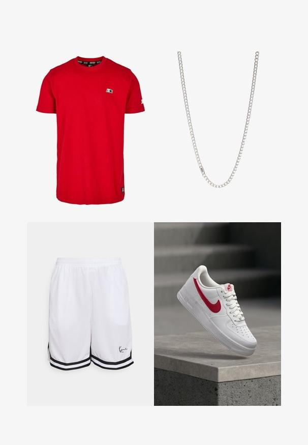 Rotes Baumwoll-T-Shirt mit Rundhalsausschnitt, kurzen Ärmeln und einem kleinen schwarzen Logo auf der linken Brust und dem Ärmel. Glatte, einfarbige Stoffqualität.; Weiße sportliche Shorts aus leichtem Stoff, mit einem schwarzen gestreiften Saum und einem signierten Logo auf der linken untersten Vorderseite.; Weißer Nike Air Force 1 Sneaker mit rotem Swoosh-Logo, der über einer Betonbrüstung und Treppen im Hintergrund schwebt.; Silberne Kettenhalskette mit ineinandergreifenden Gliedern, glatter Textur und einheitlicher rechteckiger Form. Sicherer Verschluss.