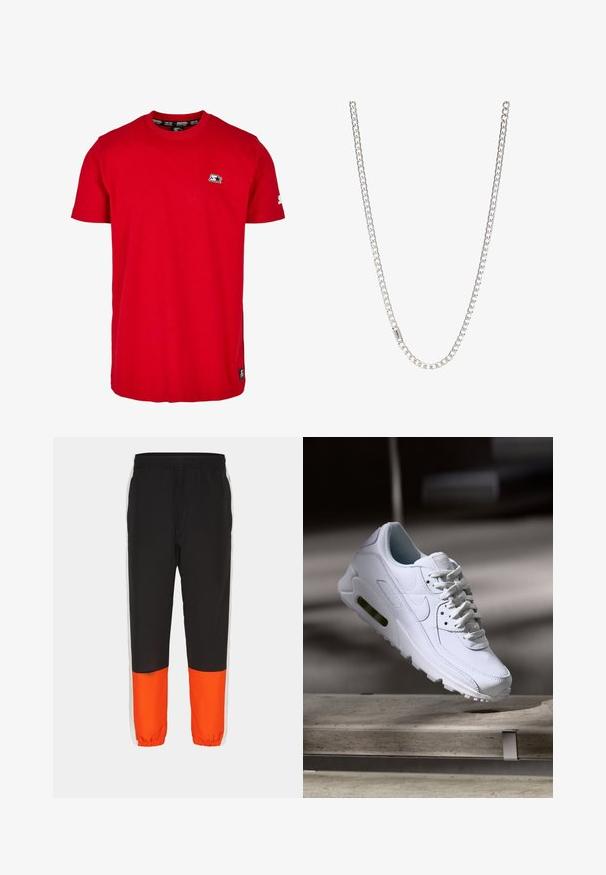 Rode katoenen t-shirt met een ronde hals, korte mouwen en een klein zwart logo op de linkerborst en mouw. Glad, effen kleurstof.; Zwarte sportbroek met een brede oranje onderpaneel en witte zijstrepen. Elastische tailleband en enkelmanchetten voor een verstelbare pasvorm.; Witte leren sneaker met gestructureerde oppervlakken, gevoerde kraag en zichtbare luchtbescherming in de zool. Heeft veters en een minimalistisch ontwerp.; Zilveren ketting met in elkaar grijpende schakels, een gladde textuur en een uniforme rechthoekige vorm. Veilige sluiting.