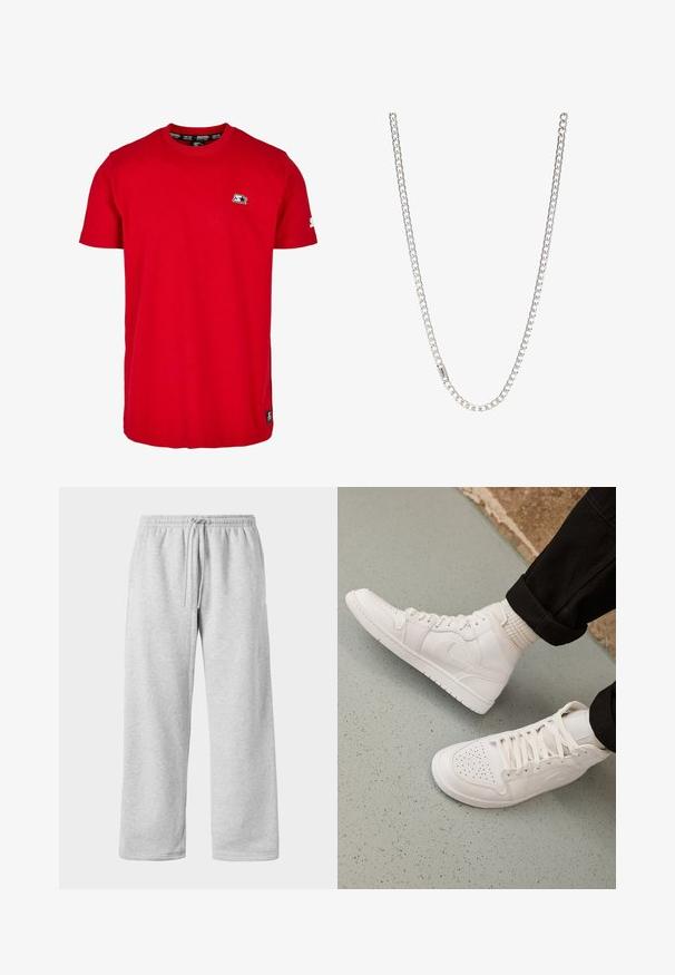 Rød bomulds t-shirt med rund hals, korte ærmer og et lille sort logo på venstre bryst og ærme. Glat, ensfarvet stof.; Lys grå sweatpants med snøre i taljen, lavet af blød bomuldsblanding, med brede ben og en glat tekstur. Ingen synlige lommer.; Hvide høj-top sneakers lavet af glat læder med perforeret tå, snørelukning og subtil logo detaljer på siden. Tekstureret gummisål.; Sølv kædedesign med sammenkoblede led, glat tekstur og ensartet rektangulær form. Sikker lukning.