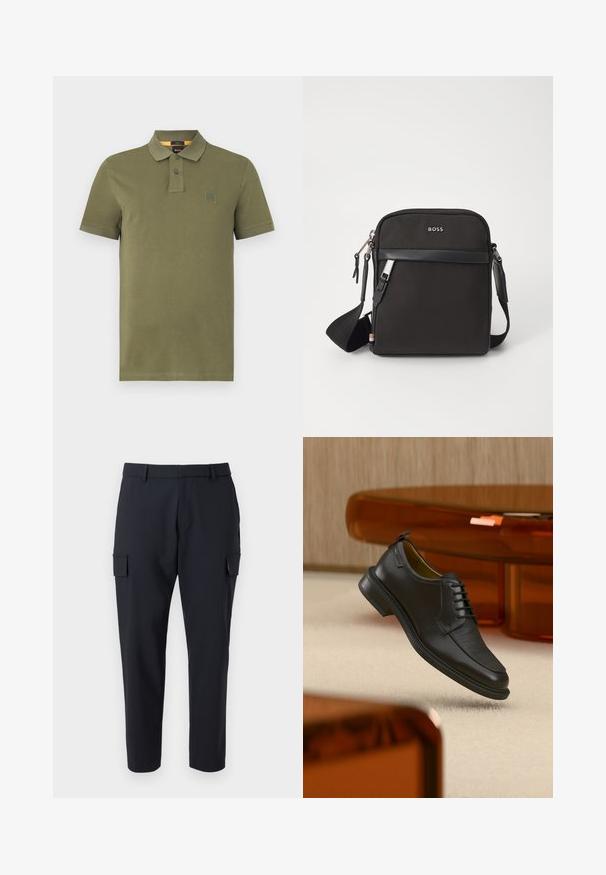 Oliven grøn polo shirt lavet af bomuld, med en knapstolpe med tre knapper, korte ærmer og et lille logo-patch på brystet.; Mørk navy cargo bukser med lige ben, to sidelommer og et fladt frontdesign. Fremstillet af et letvægtsstof.; Sort lædersko med snørebånd og tekstureret front, svævende over beige tæppe i et moderne rum med møbler i ravfarvet toning.; Sort crossbody taske med et struktureret stof, logo på fronten, lynlås lukning og justerbar rem. Har en glat læderkant.