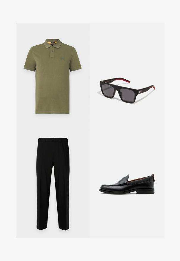 Olijf groene polo shirt van katoen, met een drieknops sluiting, korte mouwen en een klein logo op de borst.; Zwarte broek van gladde stof, met een rechte snit, twee voorzakken en een ritssluiting met knoopsluiting.; Zwarte leren herensloffen met moc toe stiksel, pennyriem, gestructureerde kraag en lage gestapelde hak op witte achtergrond.; Tommy Hilfiger Zonnebril - matte black red
