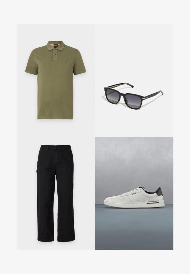 Olijf groene polo shirt van katoen, met een drieknops sluiting, korte mouwen en een klein logo op de borst.; Zwarte katoenen cargobroek met een recht model, voorzien van zijzakken en een knoopsluiting aan de voorkant. Duurzame stof met een gladde textuur.; Witte lage sneaker met zwarte hiel, vetersluiting, subtiele perforaties en het "BOSS" logo aan de zijkant, getoond vanuit het zijprofiel.; BOSS Zonnebril - black