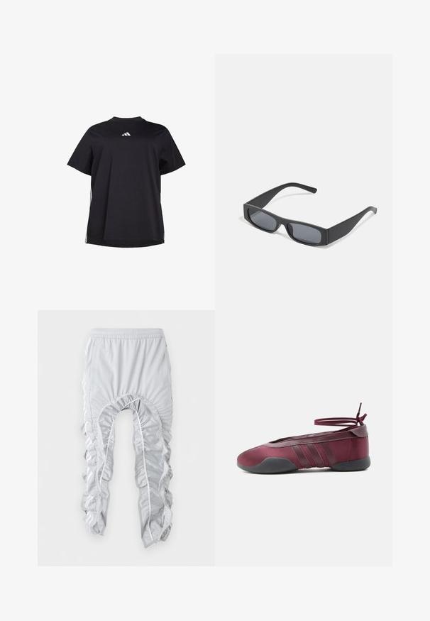 Sort kortærmet t-shirt lavet af blødt stof, med en hvid vandret accent på siden og et hvidt logo på brystet.; Lysegrå rynkede sportbukser med elastisk linning og hvide sidelommer, vist fladt mod en hvid baggrund.; Burgunderfarvet balletsko med sort sål, elastiske ankelstropper bundet i sløjfe og syninger på siderne, vist fra ydersiden.; Sorte rektangulære solbriller med mørke linser og tykke matte stel. Armen er let tilspidset med en glat overflade.