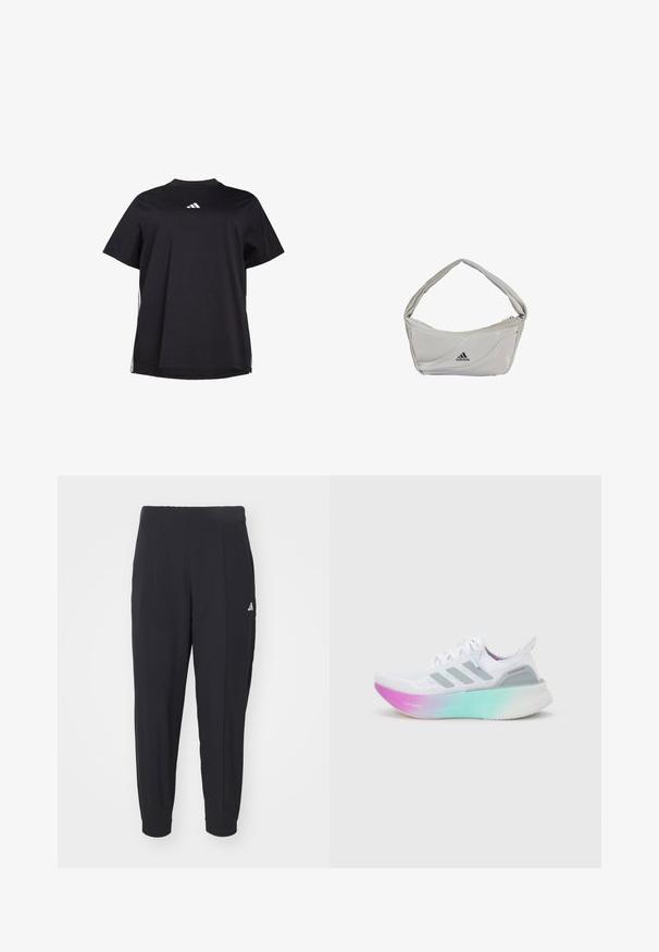 T-shirt noir à manches courtes en tissu doux, avec un accent horizontal blanc sur les côtés et un logo blanc sur la poitrine.; Pantalons de sport noirs en tissu lisse. Design ajusté avec des poignets élastiques. Présente un petit logo blanc sur la hanche gauche.; Chaussure de course Adidas blanche avec des bandes grises et une semelle épaisse passant du rose au vert, arborant les textes "Lightboost" et "Ultraboost".; Sac à épaule Adidas gris clair avec coutures courbes et un compartiment zippé unique, affichant le logo Adidas à l'avant.