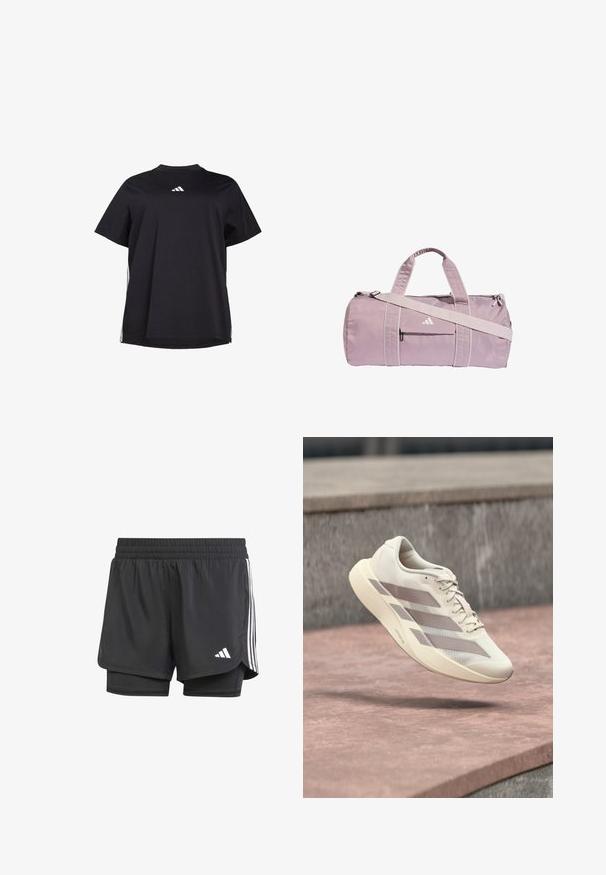 Sort kortærmet t-shirt lavet af blødt stof, med en hvid vandret accent på siden og et hvidt logo på brystet.; Sorte atletiske shorts med indre lag, elastisk talje og hvide tre striber på siderne, der har et lille hvidt logo. Glat tekstur.; Kremfarvet løbesko med taupe-striber, der svæver over en rødbrun flisebelagt overflade og en grå stenmurstensbaggrund.; Lyse lilla sportstaske lavet af skinnende materiale, med to håndtag, en aftagelig skulderrem og en frontlynlåslomme med logo.
