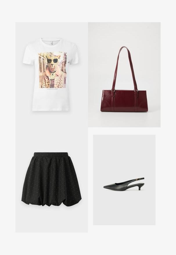 T-shirt en coton blanc avec un imprimé graphique d'un léopard portant des lunettes de soleil, avec un col en fourrure rose et des taches brunes sur le corps.; Jupe bulle noire avec une taille élastique et un motif de pois blancs. Fabriquée en tissu léger, elle présente un design volumineux et un ourlet arrondi.; Chaussure slingback noire à bout pointu en cuir lisse. Présente un talon fin et un détail de boucle sur la sangle réglable.; Sac à main bordeaux en matériau brillant, de forme rectangulaire, avec deux anses et des accents légèrement courbés à l'avant.