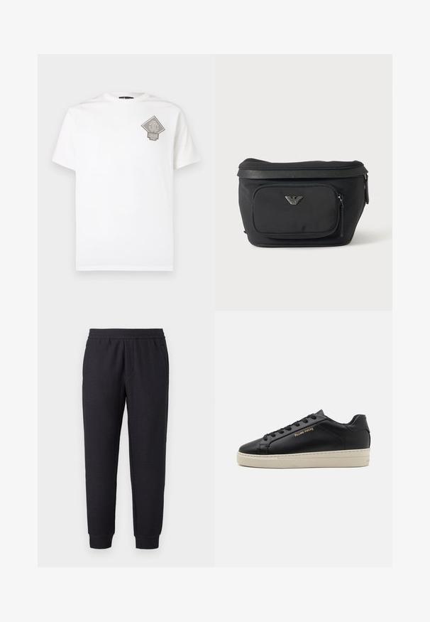 T-shirt en coton blanc avec un logo gris en forme de losange sur la poitrine gauche. Manches courtes, col rond et coupe standard.; Pantalon de survêtement noir à coupe conique avec taille et poignets élastiques, présentant un motif texturé subtil et des poches latérales.; Sneaker en cuir noir avec une finition lisse, semelle crème contrastante, bout arrondi, logo doré sur le côté et six œillets pour les lacets.; Sac banane noir avec poche avant zippée et logo aigle argenté, tissu lisse avec bordure texturée et tirettes de fermeture éclair.