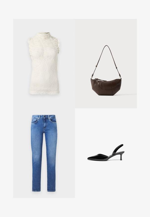 Lace ærmeløs top i creme med høj hals, der har volangdetaljer og et indviklet tekstureret mønster gennem hele.; Blå denim jeans med lige ben, fem-lomme design og knaplukning. Stof med en glat tekstur og let falmet.; Sorte patentlæder slingback hæle med spids tå, lav stiletto hæl og et elegant, enkelt design uden pynt.; Brun læder skuldertaske med buet bund og justerbar rem mod en ensfarvet lys baggrund.
