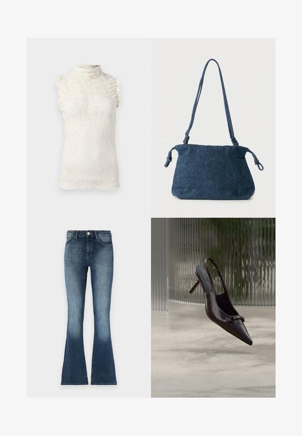 Lace ærmeløs top i creme med høj hals, der har volangdetaljer og et indviklet tekstureret mønster gennem hele.; Blå denim flared jeans med en mellemhøj talje, falmet finish og traditionelt fem-lomme design. Blød tekstur og subtile syningsdetaljer.; Blank sort spids røvhælssandal med lille dekorativ spænde, svævende over en beton gulv med en tekstureret glas baggrund.; Mørkeblå denim skuldertaske med knyttede stropender og en enkel rektangulær form mod en hvid baggrund.