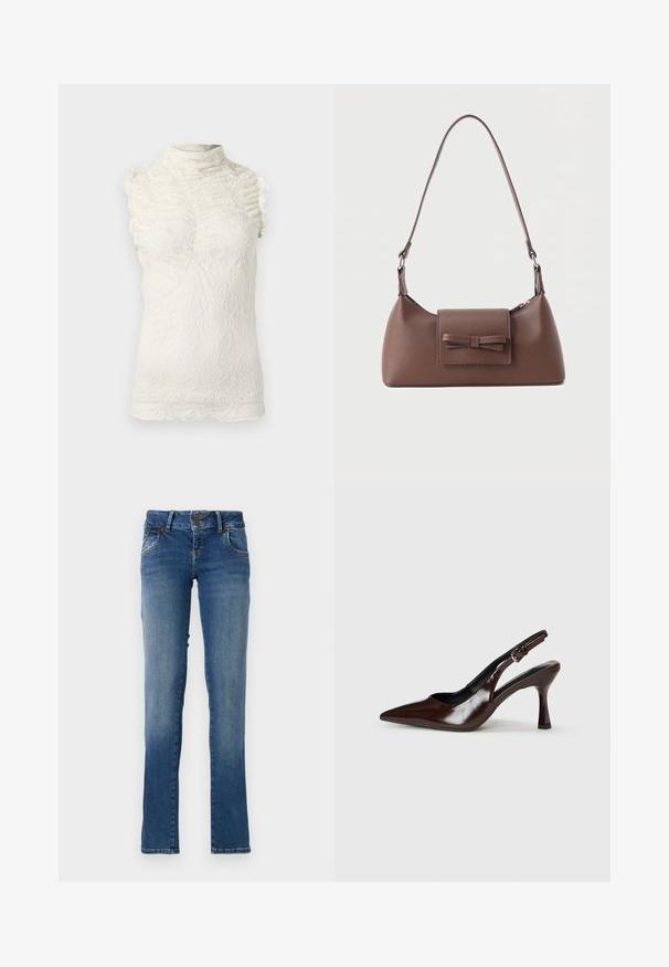 Lace ærmeløs top i creme med høj hals, der har volangdetaljer og et indviklet tekstureret mønster gennem hele.; Blå denimjeans med lige ben-design, to frontlommer og knappet talje. Lys falming på lårene og en syet kant.; Brune patenterede læderslingback-sandaletter med spids tå, en tynd hæl og justerbar rem med en lille spænde.; Brun skuldertaske i læder med en frontlomme med klap, der har en sydd sløjfedetalje, og en justerbar rem.