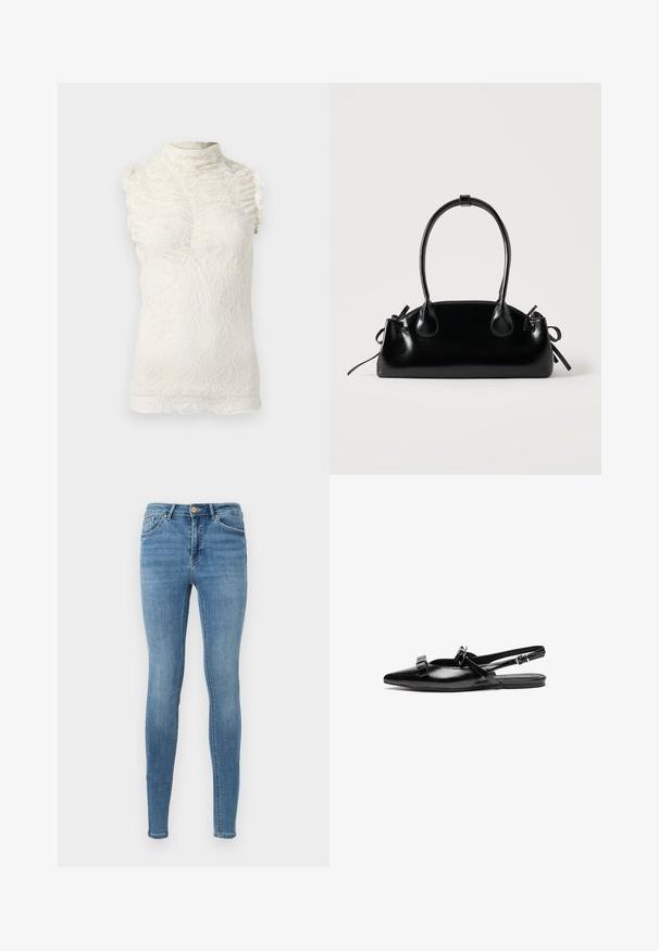Lace ærmeløs top i creme med høj hals, der har volangdetaljer og et indviklet tekstureret mønster gennem hele.; Blå høj talje skinny jeans med forlommer, bæltestropper, knaplukning og subtil falmning på lår og knæ.; Sort læderslingback flad sko med spids tå, prydet med volangdetaljer på bæltet og justerbar ankelrem. Glat overfladetextur.; Lille sort blank håndtaske med to lange håndtag og snøre-detaljer i siden på en ensfarvet lys baggrund.
