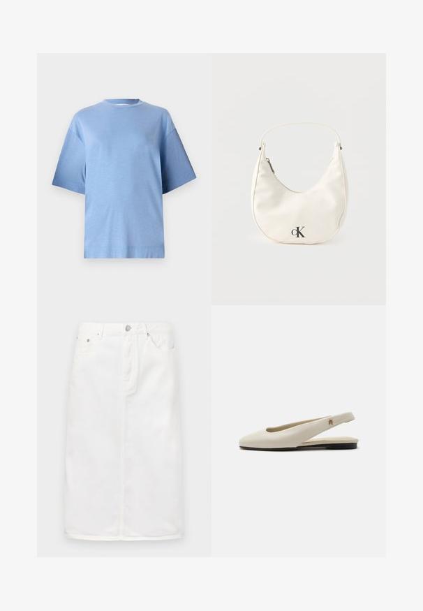 Helles blaues Baumwoll-T-Shirt mit rundem Hals, kurzen Ärmeln und lockerer Passform. Es hat eine glatte Textur und einen geraden Saum.; Weiße Jeansrock mit einem Frontreißverschluss, Fünf-Taschen-Design und geradem Schnitt mit Nähtelementen.; cremefarbiger Lederslingback-Flachschuh mit rundem Zehenbereich und kleinem goldfarbenem Emblem am Riemen.; Kleine weiße halbmondenförmige Handtasche mit kurzem Trageriemen, Reißverschluss und schwarzem "cK"-Logo auf der Vorderseite.
