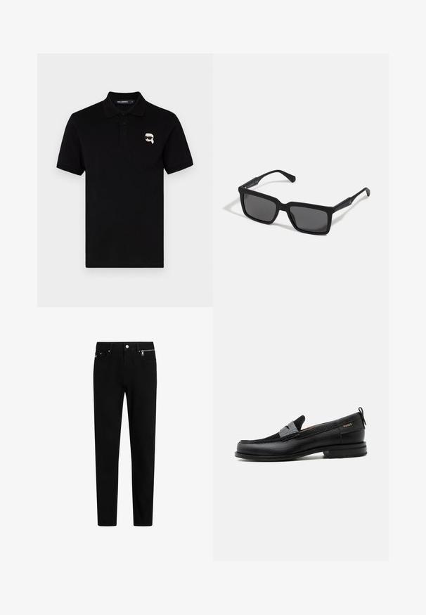 Polo shirt noir en coton avec un col, trois boutons et un petit logo blanc sur la poitrine gauche. Manches courtes et coupe droite.; Pantalon en denim noir à coupe droite, doté d'une fermeture frontale par bouton et zip, de deux poches latérales, et d'un logo de marque discret sur la ceinture.; Mocassin en cuir noir avec détail de bride grise, talon bas et semelle texturée, marqué "HUGO" en or sur le côté.; Lunettes de soleil noires avec des verres rectangulaires, finition mate, épaisses montures et branches fines comprenant un subtil détail de marque.