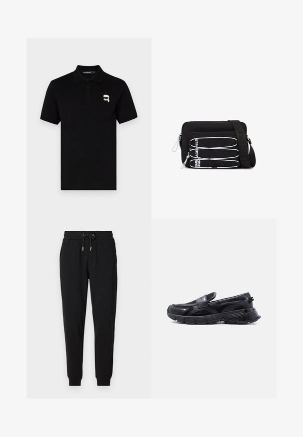 Polo shirt noir en coton avec un col, trois boutons et un petit logo blanc sur la poitrine gauche. Manches courtes et coupe droite.; Pantalons de survêtement noirs avec une taille élastique, cordon de serrage ajustable, poches latérales et jambes fuselées. Fabriqués en tissu doux et extensible.; Baskets noires à enfiler avec semelle épaisse texturée et panneaux en maille, conçues pour un usage décontracté et sportif.; Sac bandoulière noir avec des cordons élastiques blancs sur la poche avant et une sangle réglable embossée du texte "JEANS".