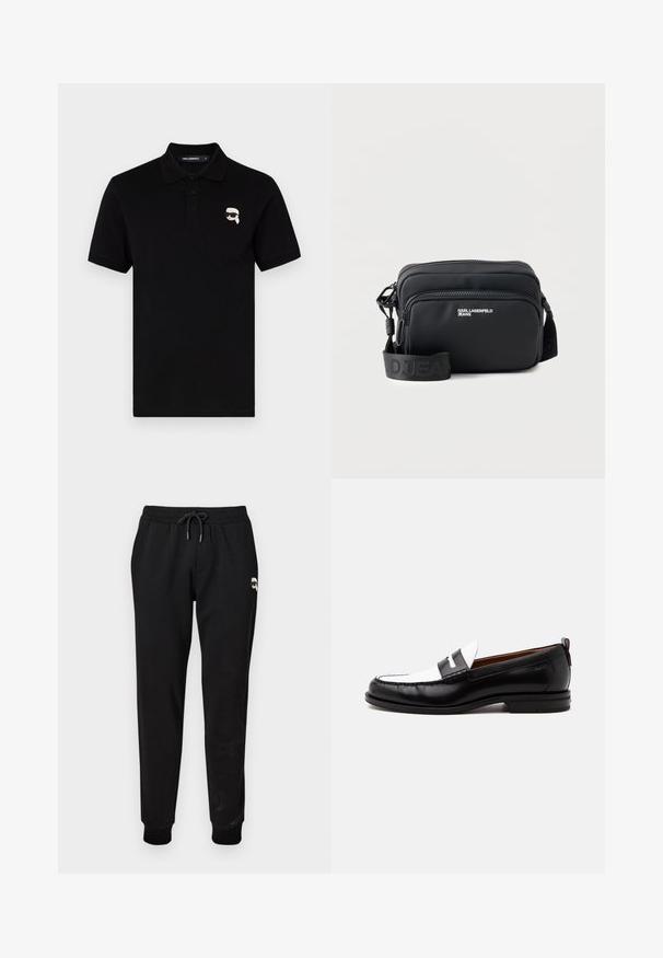 Sort polo skjorte i bomuld med krave, tre knapper og et lille hvidt logo på venstre bryst. Korte ærmer og lige snit.; Sorte sweatpants med elastisk talje og justerbar snor. Har ribbede manchetter og en lille grafikdetalje på den øverste del af benet.; Sort-hvid læderloafer med syning, lav hæl og slip-on design, vist fra siden på en ensfarvet baggrund.; Sort rektangulær crossbody taske med to lynlåslommer, "KARL LAGERFELD JEANS" logo og justerbar mærket rem på hvid baggrund.