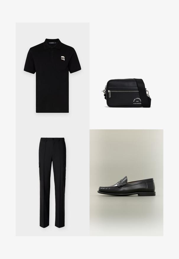 Polo shirt noir en coton avec un col, trois boutons et un petit logo blanc sur la poitrine gauche. Manches courtes et coupe droite.; Pantalon cargo noir à jambes droites avec fermeture à boutons à l'avant et poches à rabat latérales, présenté sur fond blanc.; Mocassin pour homme en cuir noir avec un design moc-toe, une lanière à monnaie et un talon bas sur un fond neutre.; Sac crossbody synthétique noir avec fermeture éclair argentée, bandoulière réglable et impression de logo. Dispose d'une forme rectangulaire et d'une texture lisse.