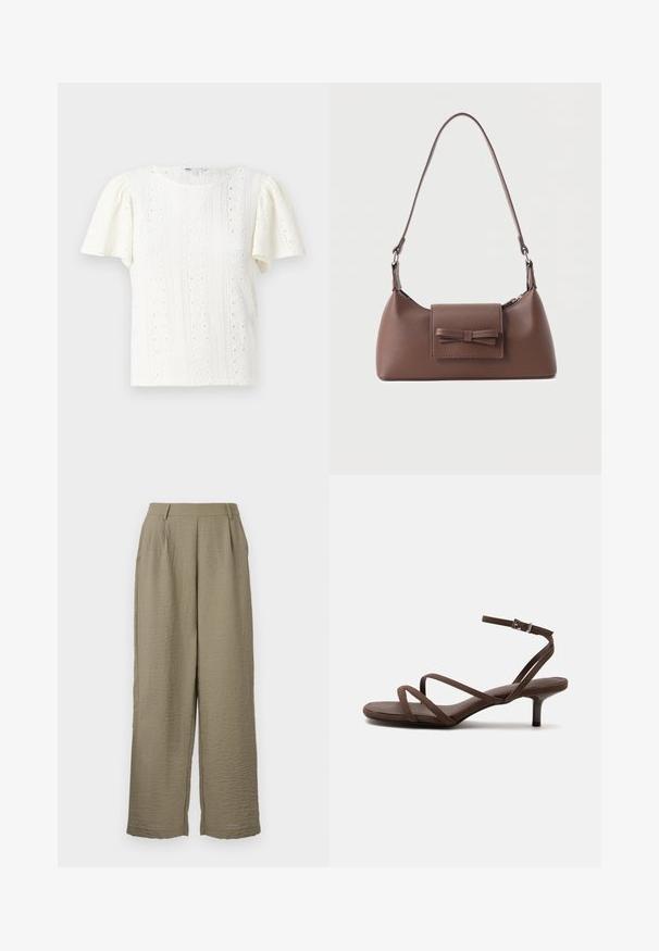 T-shirt blanc à manches courtes présentant un motif en tricot texturé avec des détails en œillets et de délicates rayures horizontales. Encolure ronde.; Pantalons larges en kaki réalisés dans un tissu texturé, présentant une taille haute et de légères plis pour plus de détails. Finition de ceinture lisse.; Sandale marron à talons hauts avec fines lanières croisées et bride de cheville avec boucle argentée sur fond blanc.; Sac à bandoulière en cuir marron avec une poche à rabat avant ornée d'un détail en forme de nœud cousu et une sangle réglable.