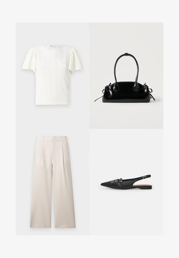 T-shirt blanc à manches courtes présentant un motif en tricot texturé avec des détails en œillets et de délicates rayures horizontales. Encolure ronde.; ONLY ONLLANDO PLEAT CULOTTE PANT - Pantalon classique - pumice stone; Chaussure plate noire en cuir avec un bout pointu, dotée de deux lanières horizontales et de boucles carrées en argent, avec un faible talon et une texture lisse.; Petit sac à main noir brillant avec deux longues anses et des détails à cordon sur les côtés sur un fond clair uni.