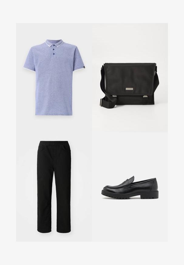 Polo en tela azul claro con mangas cortas, cuello, tapeta de tres botones y acentos blancos contrastantes en el cuello y las mangas.; Pantalones de algodón negros con un ajuste relajado, cinturilla elástica, dos bolsillos delanteros y piernas rectas. Textura suave sin patrones visibles.; Mocasines de cuero negro con punta redondeada, diseño sin cordones y suela de goma gruesa con agarre texturizado. Tacón elevado y detalles de costura sutiles.; Maletín negro hecho de nailon con acabado mate. Presenta un cierre con solapa, una correa ajustable y una pequeña placa con el logo metálico.