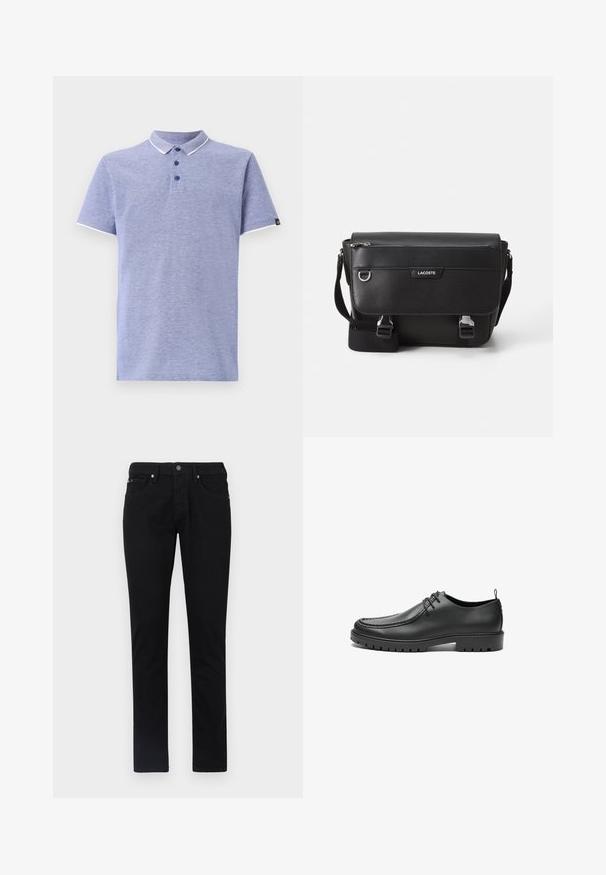 Polo skjorte i lyseblåt stof med korte ærmer, krave, tre-knaps lukning og kontrasterende hvide detaljer på kraven og ærmerne.; Sorte denim bukser, lige ben-design, med femlommes styling, en frontknaplukning, og en glat, ensartet tekstur.; Sorte lædersko med en glat overflade, rund tå og dekorativ stikning. Har en gummisål med skridsikre spor og snørebåndsdesign.; Sort tekstureret Lacoste messengertaske med justerbar rem, frontklap, lynlås lomme og metalspænder.