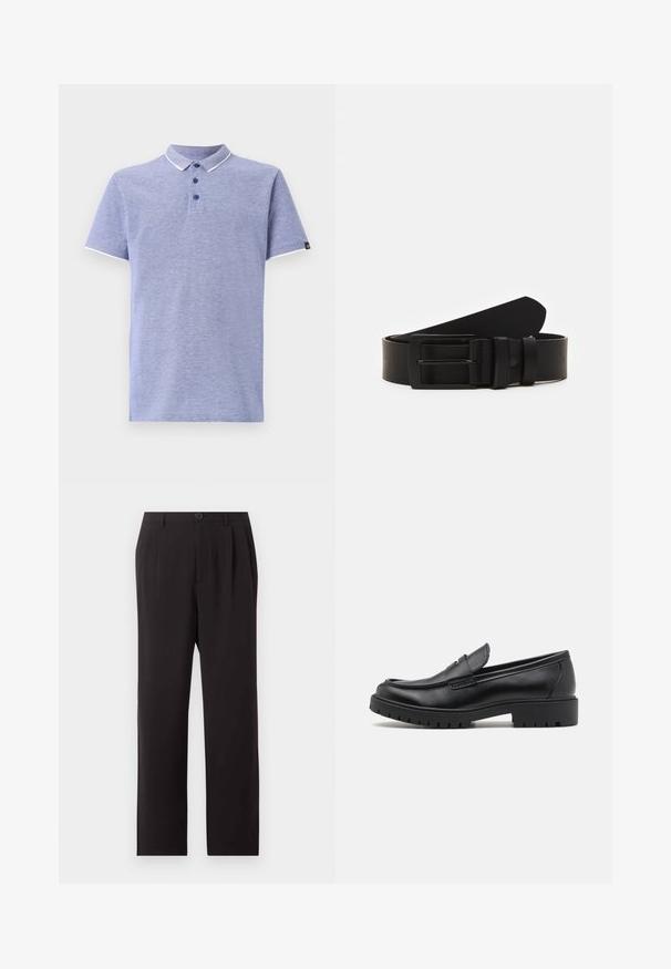 Polo en tela azul claro con mangas cortas, cuello, tapeta de tres botones y acentos blancos contrastantes en el cuello y las mangas.; Pantalones negros de talle alto confeccionados a medida con pliegues, cierre de botones, trabillas para cinturón y piernas rectas sobre un fondo claro y liso.; Mocasines de cuero negro con punta redondeada, diseño sin cordones y suela de goma gruesa con agarre texturizado. Tacón elevado y detalles de costura sutiles.; Cinturón de cuero negro enrollado con una hebilla metálica rectangular negra mate y dos trabillas sobre un fondo blanco.