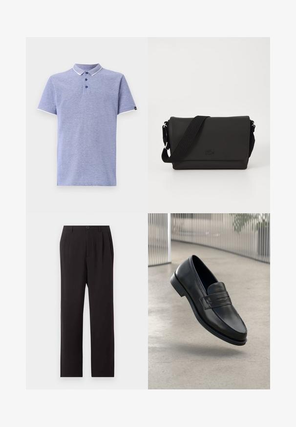 Polo-shirt van lichtblauwe stof met korte mouwen, kraag, een drieknoopsluiting en contrasterende witte accenten op de kraag en mouwen.; Zwarte hooggetailleerde, op maat gemaakte broek met plooien, knoopsluiting, ceintuurlussen en rechte pijpen op een effen lichte achtergrond.; Zwarte leren loafer met een gladde textuur, spitse neus en een decoratieve band over de wreef. Lichtgewicht zool, minimalistisch ontwerp.; Lacoste MESSENGER BAG MEN CLASSIC - Schoudertas - noir