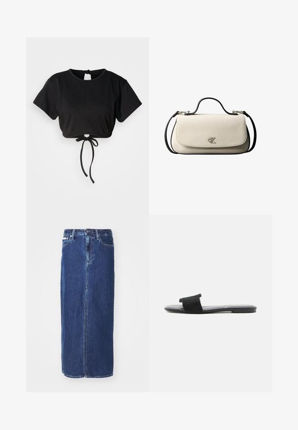 Sort cropped t-shirt lavet af blødt stof, med korte ærmer, rund halsudskæring og en bindedetalje bagpå til justering.; Mørkeblå denimnederdel, knælang, med slidse foran, traditionel talje og fem-lommes design med kontrasterende syninger.; Sort flad slidssandal med bred rem over foden og et firkantet tådesign på hvid baggrund.; Cremefarvet rektangulær håndtaske med sort rem og håndtag, foran klaplukning samt lille sølvfarvet "cK" logo midt foran.