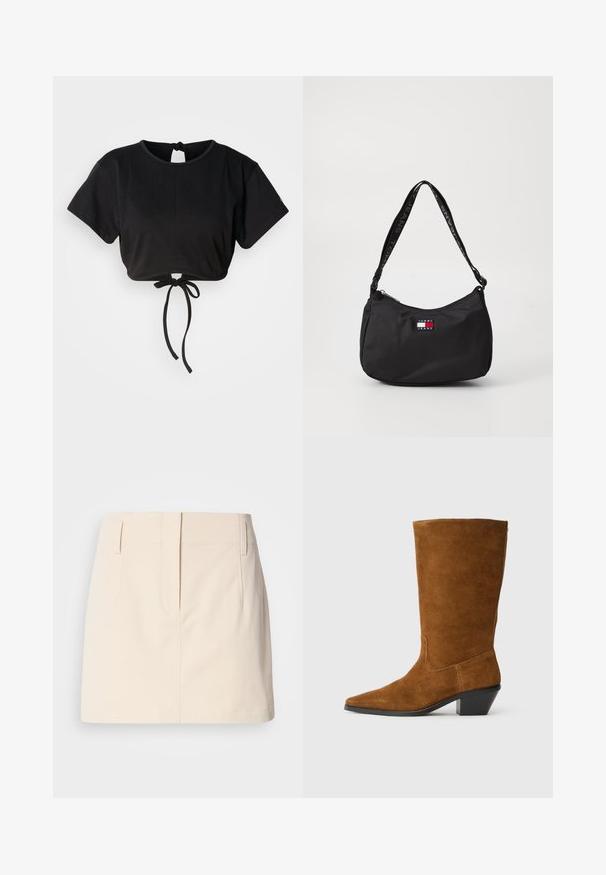 Mustat lyhyet hihat, pyöreä pääntie ja säädettävä solmu takana olevasta pehmeästä kankaasta valmistettu lyhyt t-paita.; Calvin Klein Jeans SKIRT - A-linjainen hame - fog; Ruskean mokkanahkasaappaat, joissa on kärki ja kapeneva lohkare korko, näyttävänä sileä pinta ja keskipitkä varsi.; Mustasta nylonista valmistettu olkalaukku, jossa on kaareva muoto, räätälöity logo-kirjainmerkki ja kuvioitu hihna, jossa on "TOMMY JEANS" -teksti. Yläosassa vetoketjusuljin.