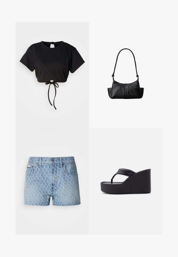 Sort cropped t-shirt lavet af blødt stof, med korte ærmer, rund halsudskæring og en bindedetalje bagpå til justering.; Denimshorts i lyseblå med et tekstureret, gentagende mønster. Har en knaplukning og et rødt mærke på venstre lomme.; Sort platform-kile-sandal med bred thong-rem og forhøjet sål, designet til afslappet brug.; Sort læder skuldertaske med lang rem, sidelommer og præget Calvin Klein-logo på fronten.