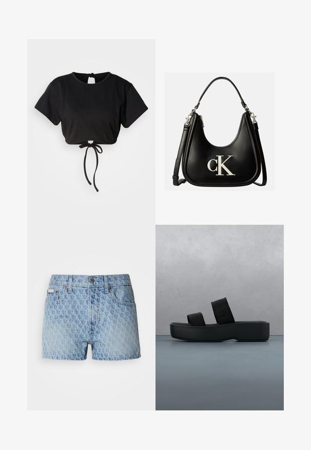 Μαύρο cropped t-shirt φτιαγμένο από μαλακό ύφασμα, με κοντά μανίκια, στρογγυλή λαιμόκοψη και λεπτομέρεια με κορδόνι στην πλάτη για ρύθμιση.; Τζιν σορτς σε ανοιχτό μπλε χρώμα με υφασμάτινο, επαναλαμβανόμενο σχέδιο. Περιλαμβάνει κλείσιμο με κουμπί και κόκκινη ετικέτα της μάρκας στην αριστερή τσέπη.; Μαύρο πλατφόρμα σανδάλι slide Calvin Klein με δύο φαρδιές λουρίδες που αιωρούνται πάνω από επιφάνεια από καφέ ξύλο με πλακάκια σε εξωτερικό χώρο.; Μαύρη δερμάτινη τσάντα χειρός με ασημένιο λογότυπο "cK" μπροστά, με κοντή λαβή και μακρύτερο ρυθμιζόμενο ιμάντα ώμου.